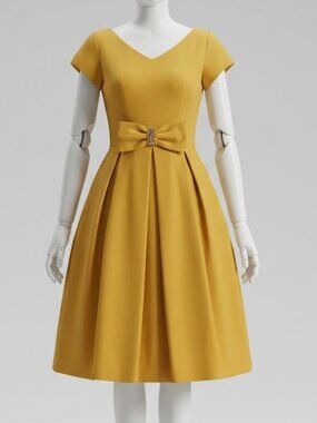 Vintage 1950s Union-Made Mustard Yellow Cocktail Dress With Rhinestone Bow